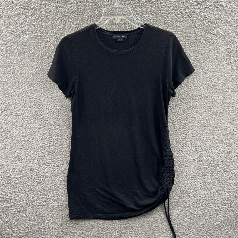 Womens Minimalist Top L Black Ruched Drawstring Short‎ Sleeve Stretch Clean Girl